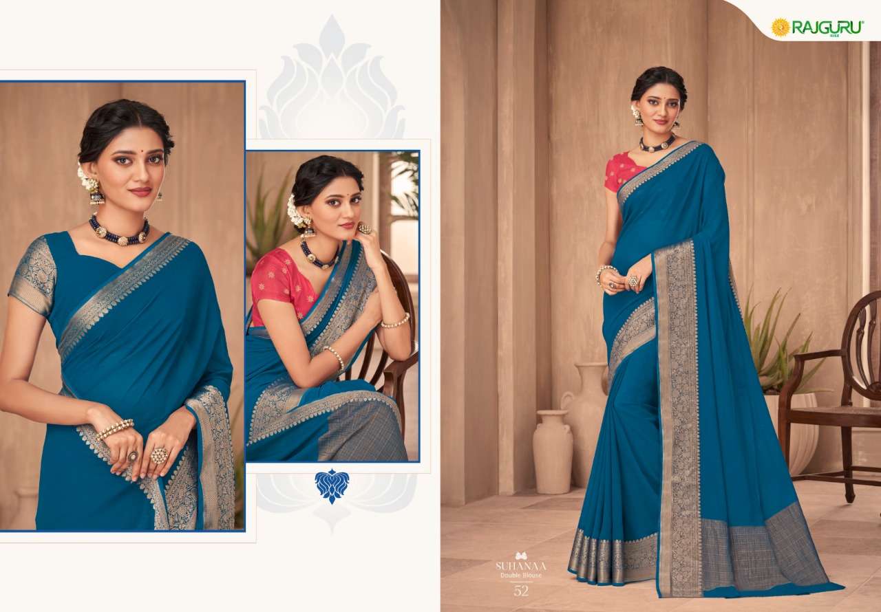 RAJGURU PRESENTS SUHAANA CHIFFON CRAPE BASE FABRIC WITH DOUBLE BLOUSE SAREES CATALOG WHOLESALER AND EXPORTER IN SURAT