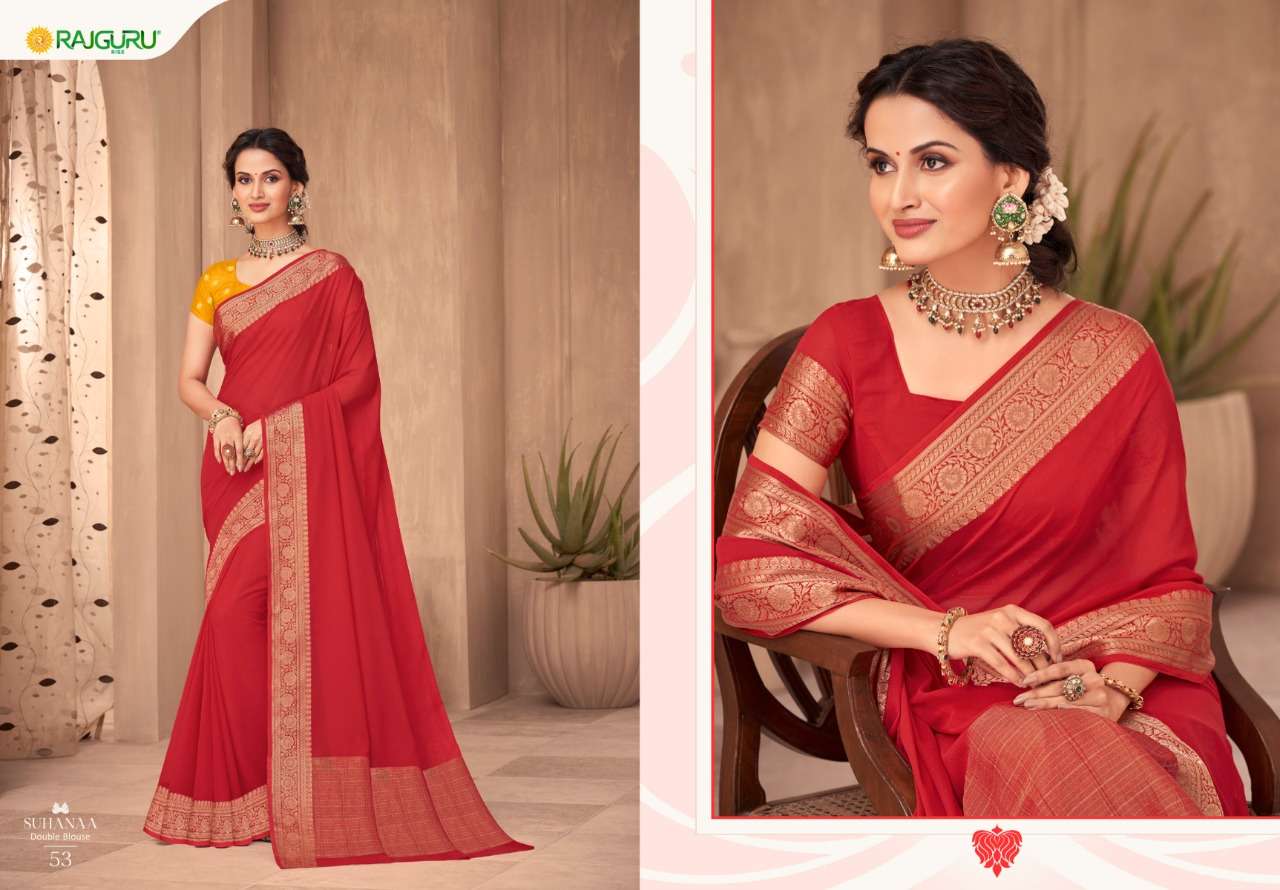 RAJGURU PRESENTS SUHAANA CHIFFON CRAPE BASE FABRIC WITH DOUBLE BLOUSE SAREES CATALOG WHOLESALER AND EXPORTER IN SURAT