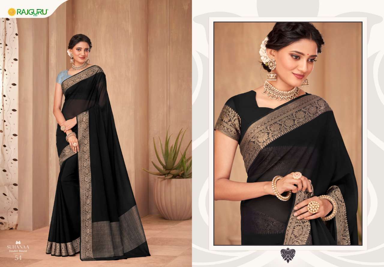 RAJGURU PRESENTS SUHAANA CHIFFON CRAPE BASE FABRIC WITH DOUBLE BLOUSE SAREES CATALOG WHOLESALER AND EXPORTER IN SURAT