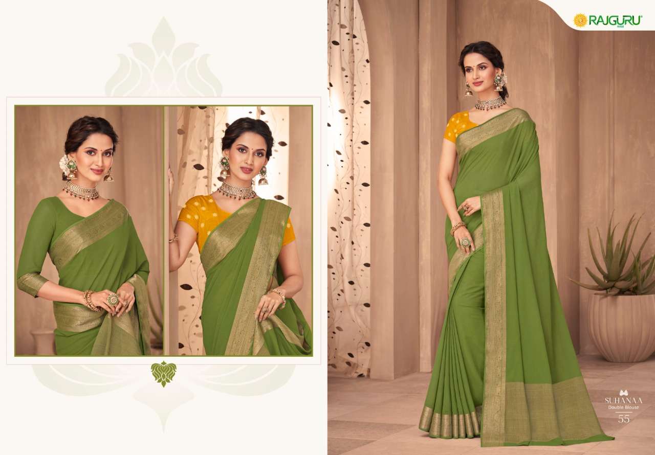RAJGURU PRESENTS SUHAANA CHIFFON CRAPE BASE FABRIC WITH DOUBLE BLOUSE SAREES CATALOG WHOLESALER AND EXPORTER IN SURAT