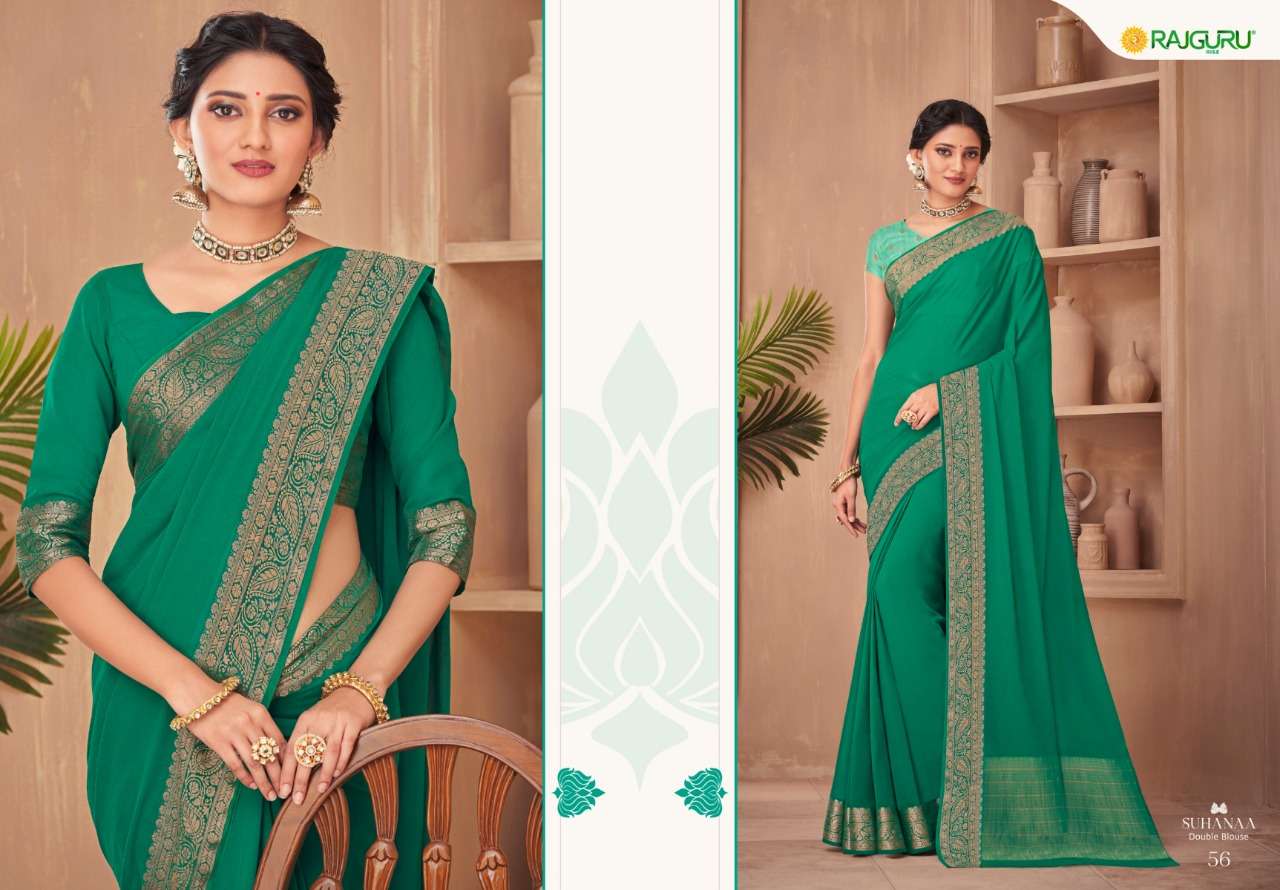 RAJGURU PRESENTS SUHAANA CHIFFON CRAPE BASE FABRIC WITH DOUBLE BLOUSE SAREES CATALOG WHOLESALER AND EXPORTER IN SURAT