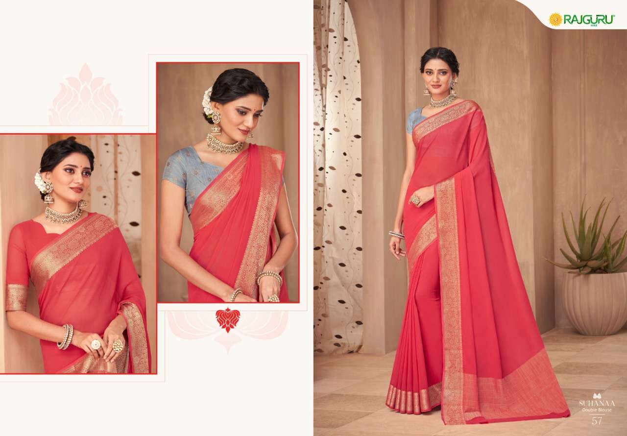 RAJGURU PRESENTS SUHAANA CHIFFON CRAPE BASE FABRIC WITH DOUBLE BLOUSE SAREES CATALOG WHOLESALER AND EXPORTER IN SURAT