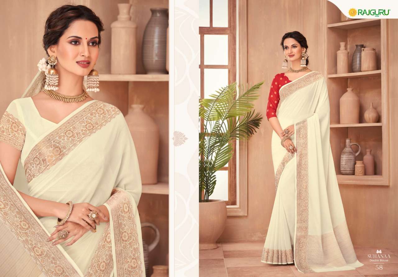 RAJGURU PRESENTS SUHAANA CHIFFON CRAPE BASE FABRIC WITH DOUBLE BLOUSE SAREES CATALOG WHOLESALER AND EXPORTER IN SURAT