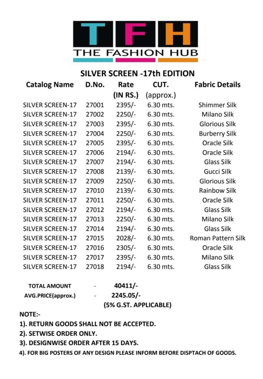 TFH PRESENTS SILVER SCREEN 17TH EDITION NEW DESIGNER PARTYWEAR FANCY SAREES CATALOG WHOLEALER AND EXPORTER IN SURAT