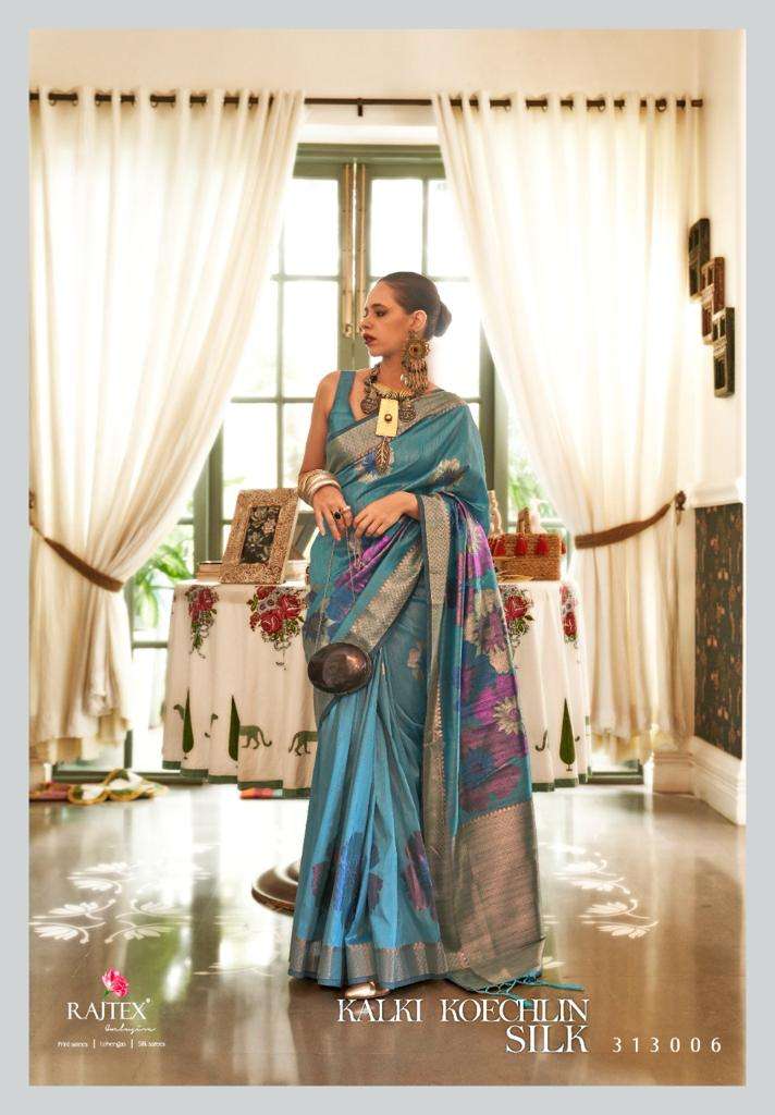 RAJTEX PRESENTS KALKI KOECHLIN SILK 313001 TO 313006S SERIES MULTI COLOURED ZARI HANDLOOM WEAVING SILK SAREES CATALOG WHOLESALER AND EXPORTER IN SUART 