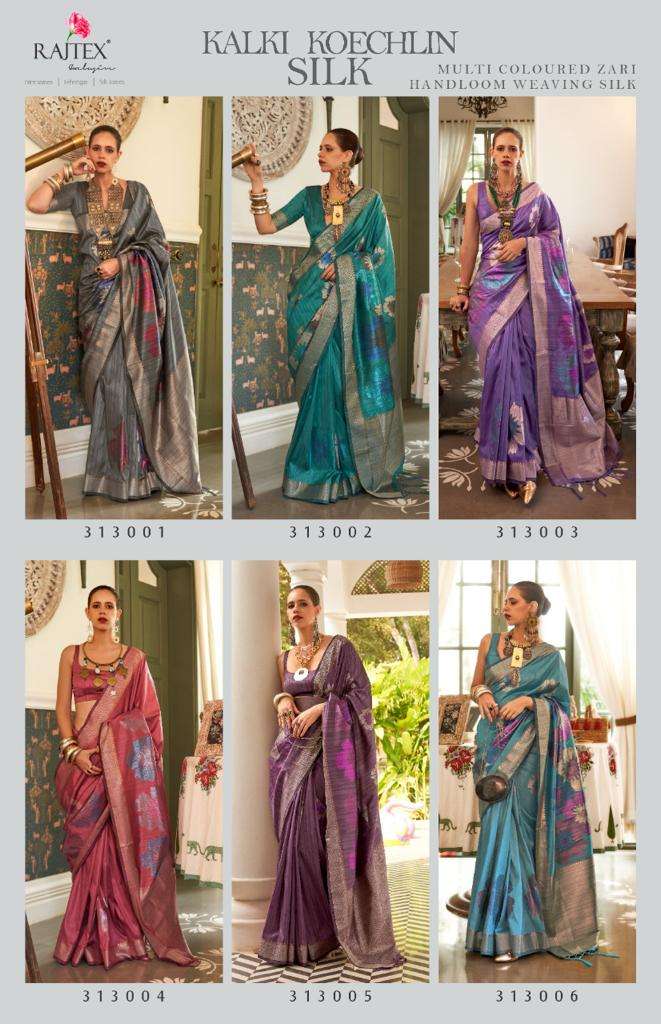 RAJTEX PRESENTS KALKI KOECHLIN SILK 313001 TO 313006S SERIES MULTI COLOURED ZARI HANDLOOM WEAVING SILK SAREES CATALOG WHOLESALER AND EXPORTER IN SUART 
