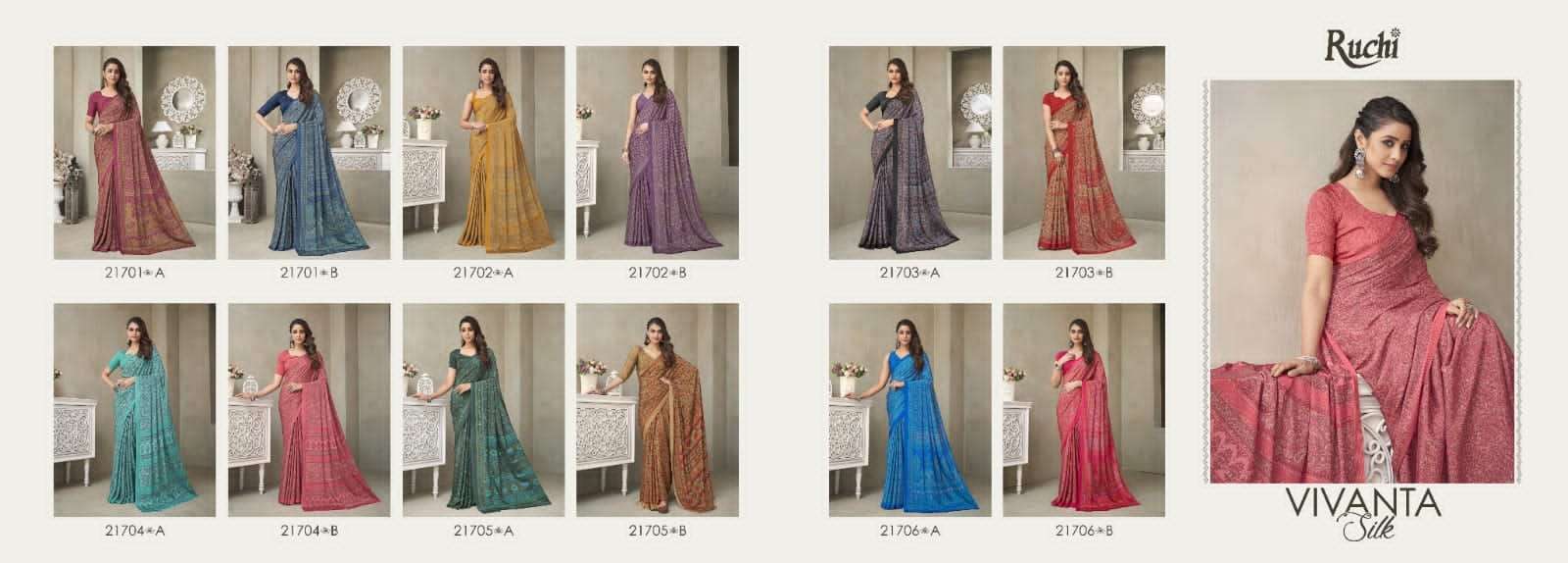RUCHI PRESENTS  VIVANTA SILK VOL-18 SILK CRAPE SAREE CATALOG WHOLESALER AND EXPORTER IN SURAT