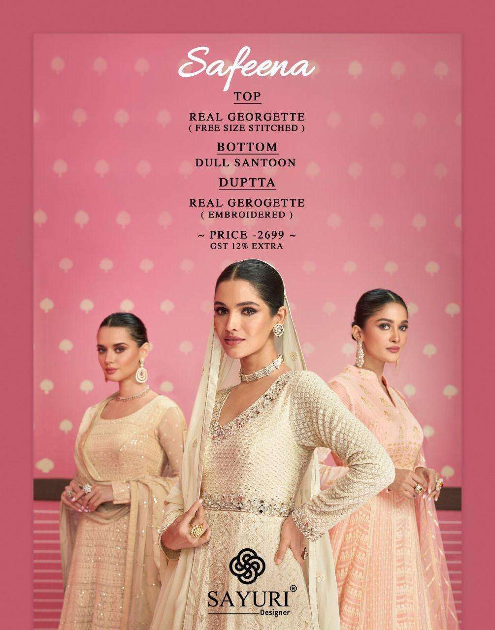 Sayuri presents safeena georgette readymade long designer gown catalog collection 