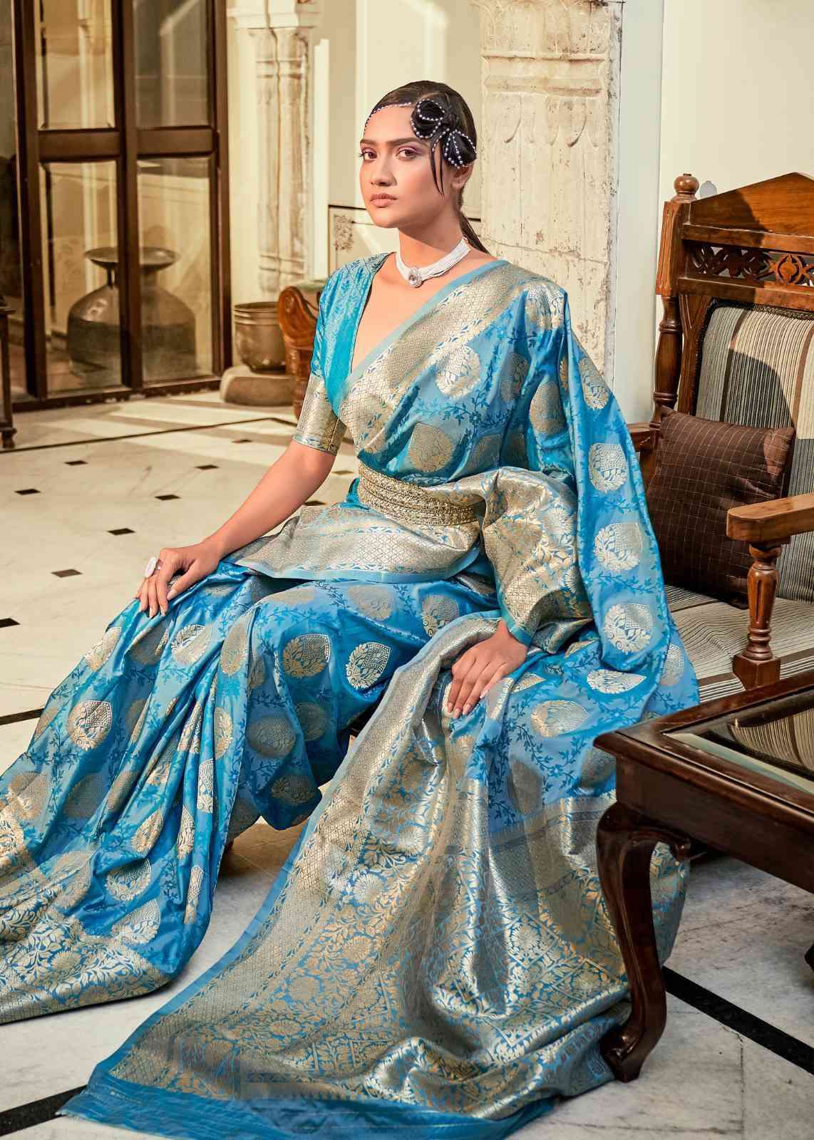 Jaanvi Fashion Women Banarasi Silk Saree Blue in Surat at best