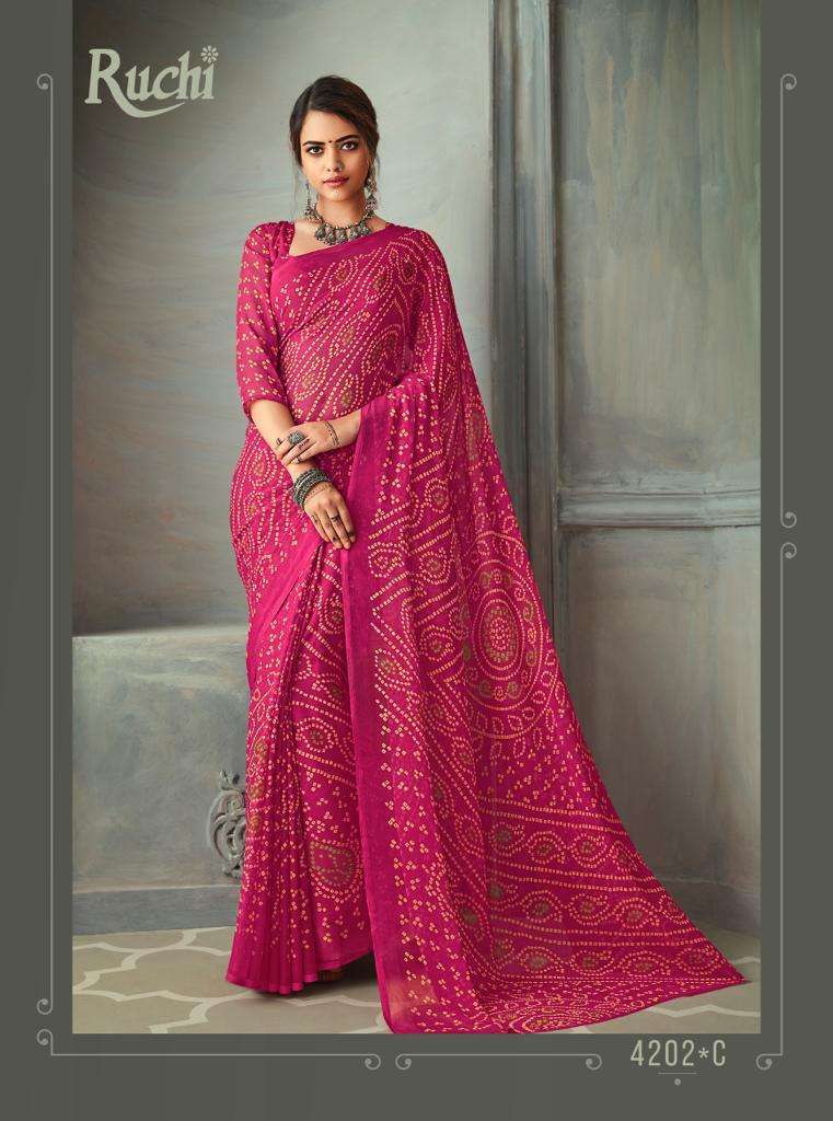 Ruchi Presents Star Chiffon Hits New Branded Fancy Bandhani Saree Catalog wholesaler and exporter in surat 