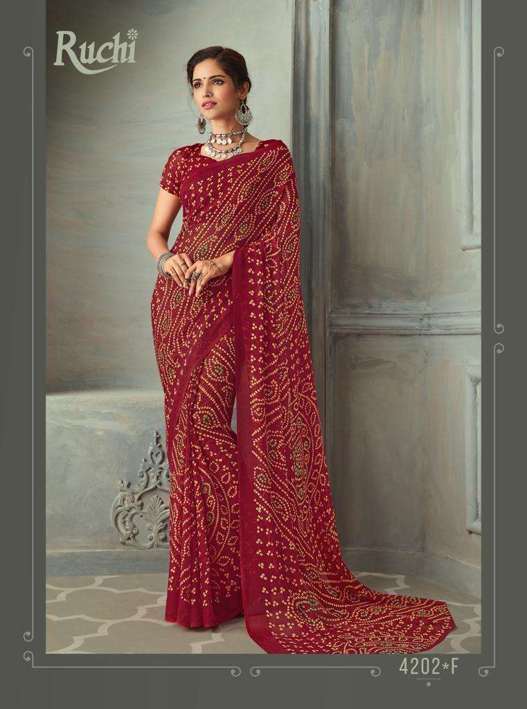 Ruchi Presents Star Chiffon Hits New Branded Fancy Bandhani Saree Catalog wholesaler and exporter in surat 