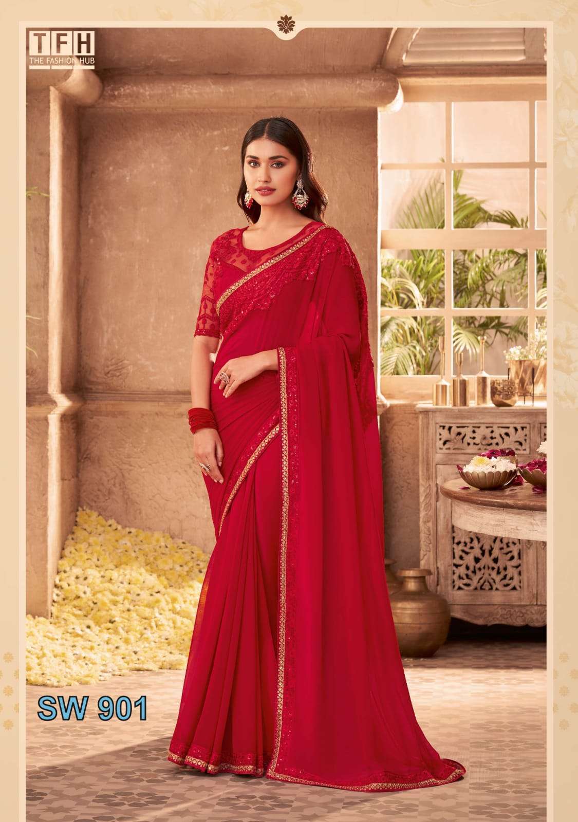 TFH PRESENT SANDALWOOD HIT NEW DESIGNER LOOK FANCY SAREES CATALOG WHOLESALER AND EXPORTER IN SURAT