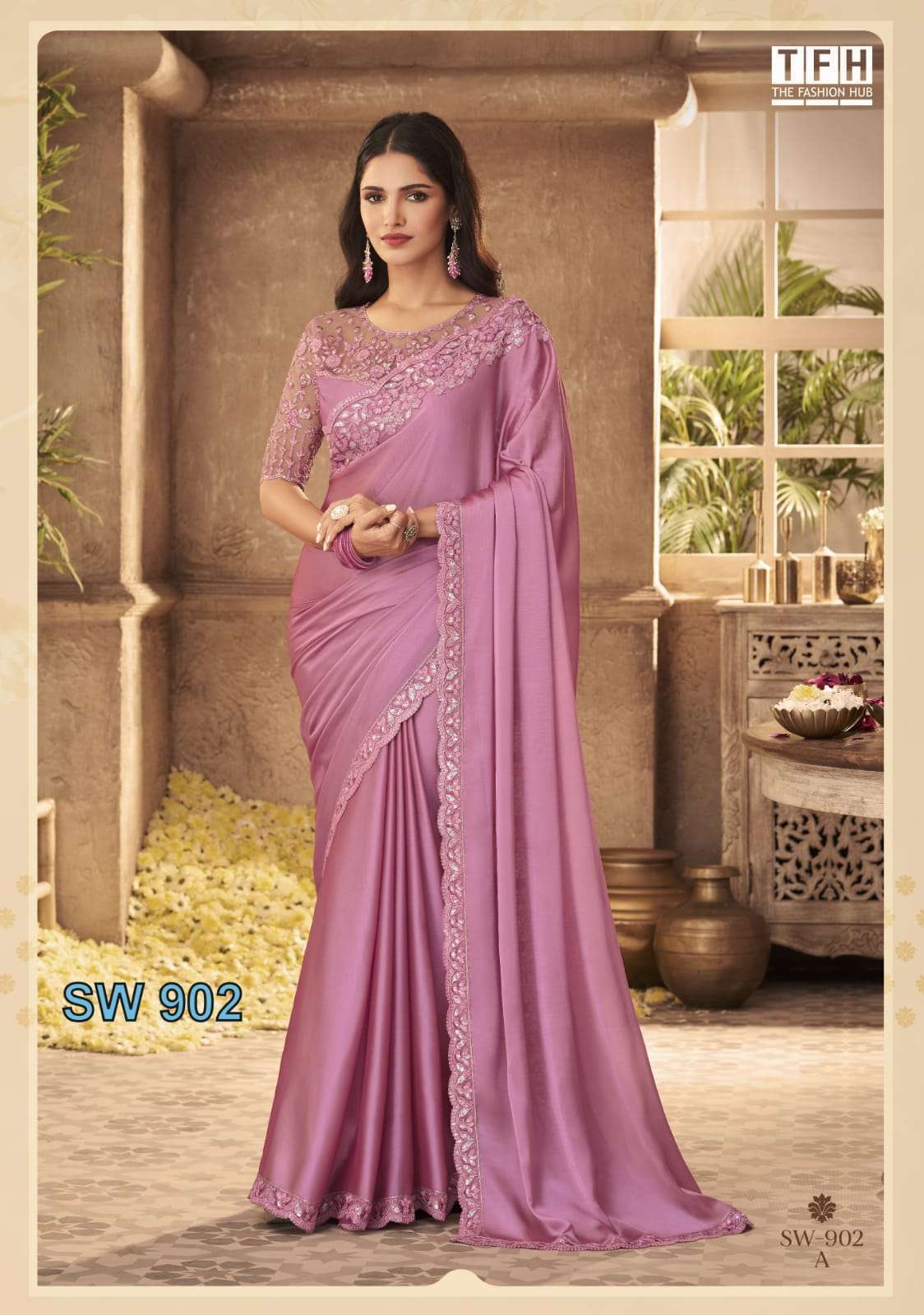 TFH PRESENT SANDALWOOD HIT NEW DESIGNER LOOK FANCY SAREES CATALOG WHOLESALER AND EXPORTER IN SURAT