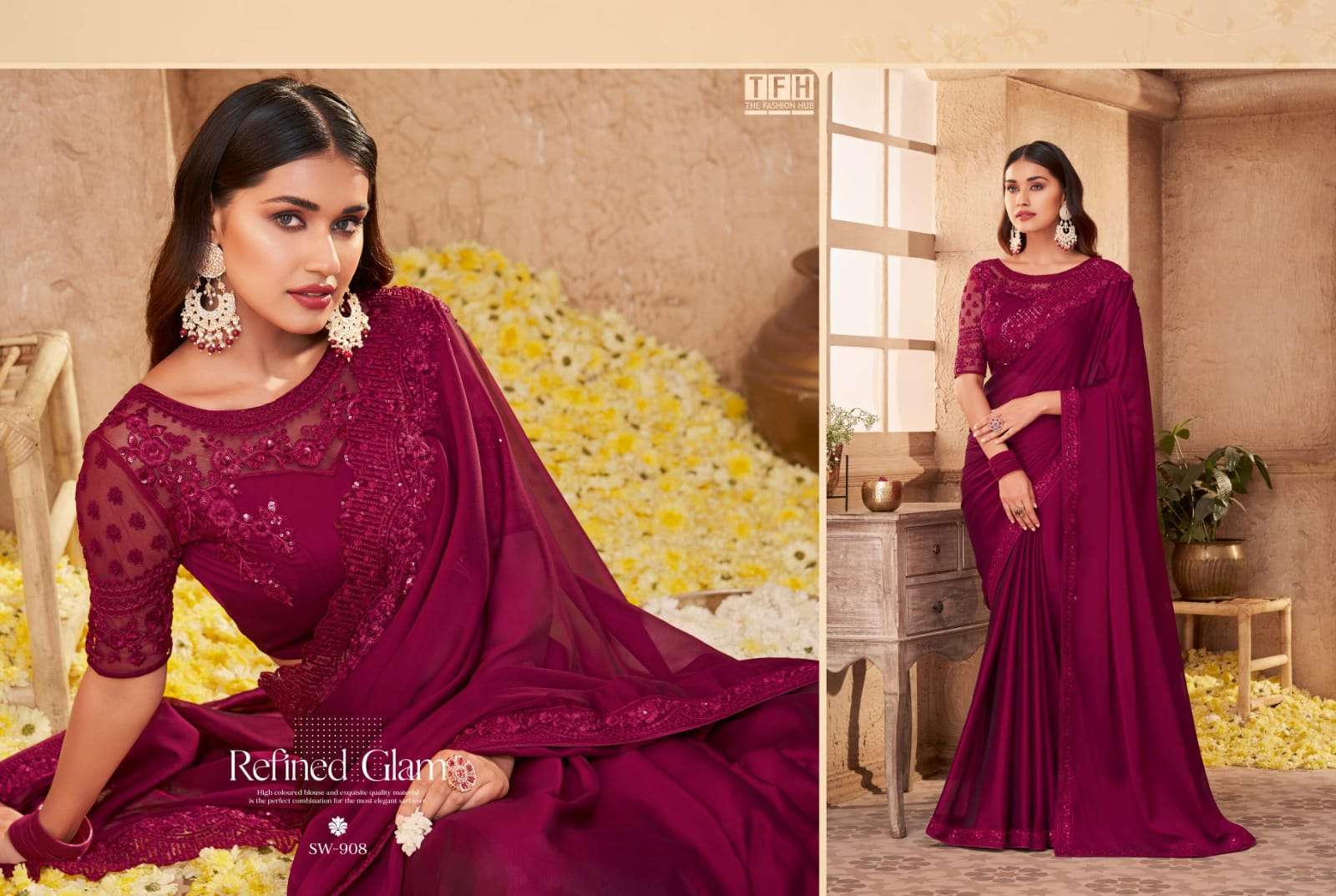 TFH PRESENT SANDALWOOD HIT NEW DESIGNER LOOK FANCY SAREES CATALOG WHOLESALER AND EXPORTER IN SURAT