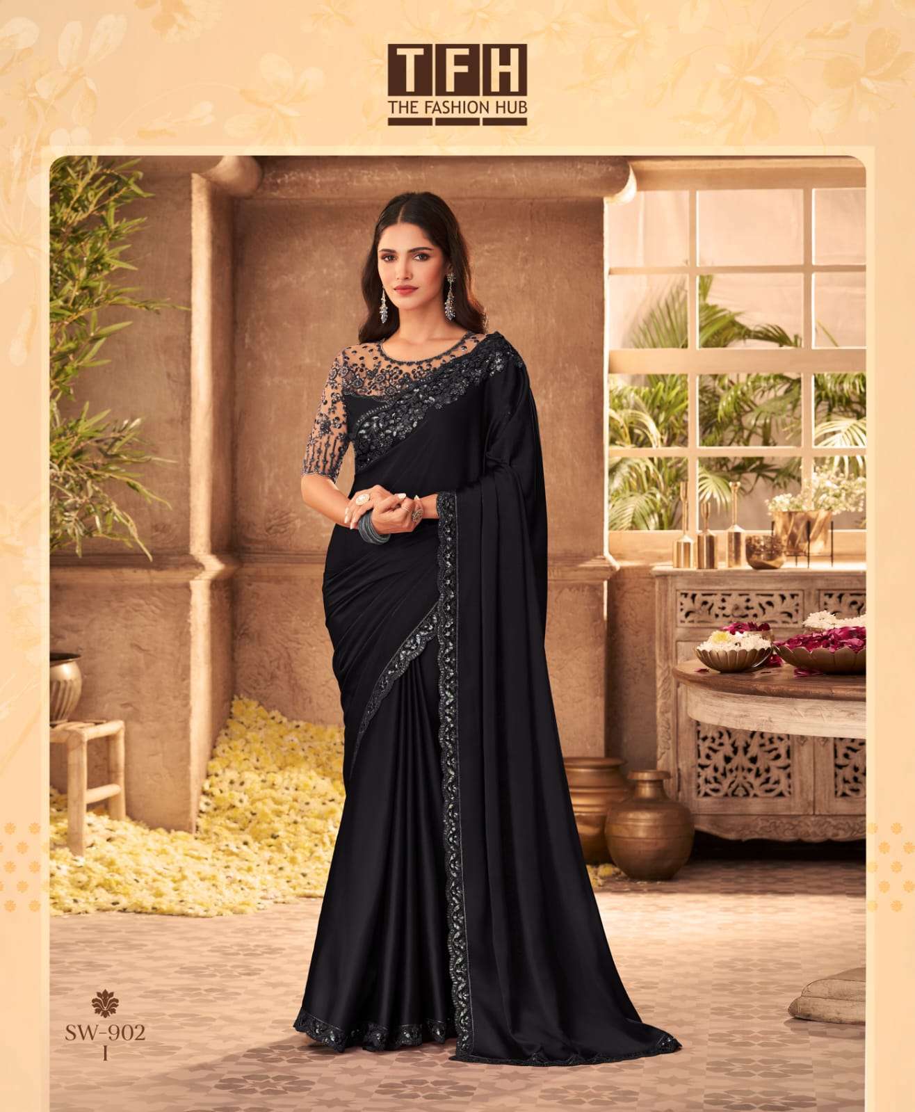 TFH PRESENT SANDALWOOD HIT NEW DESIGNER LOOK FANCY SAREES CATALOG WHOLESALER AND EXPORTER IN SURAT