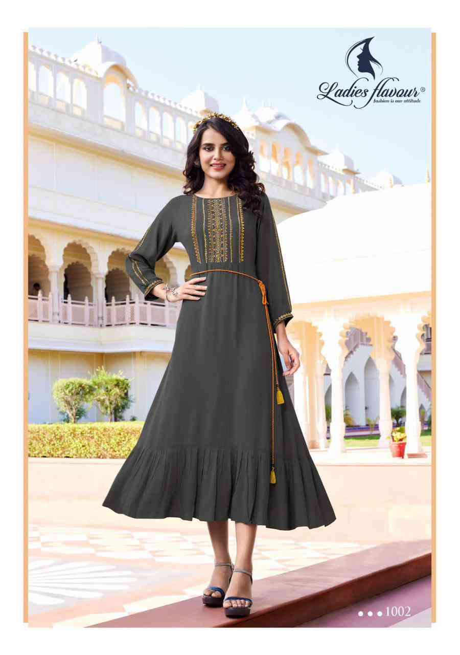 Ladies Flavour Presents Mastani Fancy Rayon Flair  Gown kurti Catalog Wholesaler And Exporter