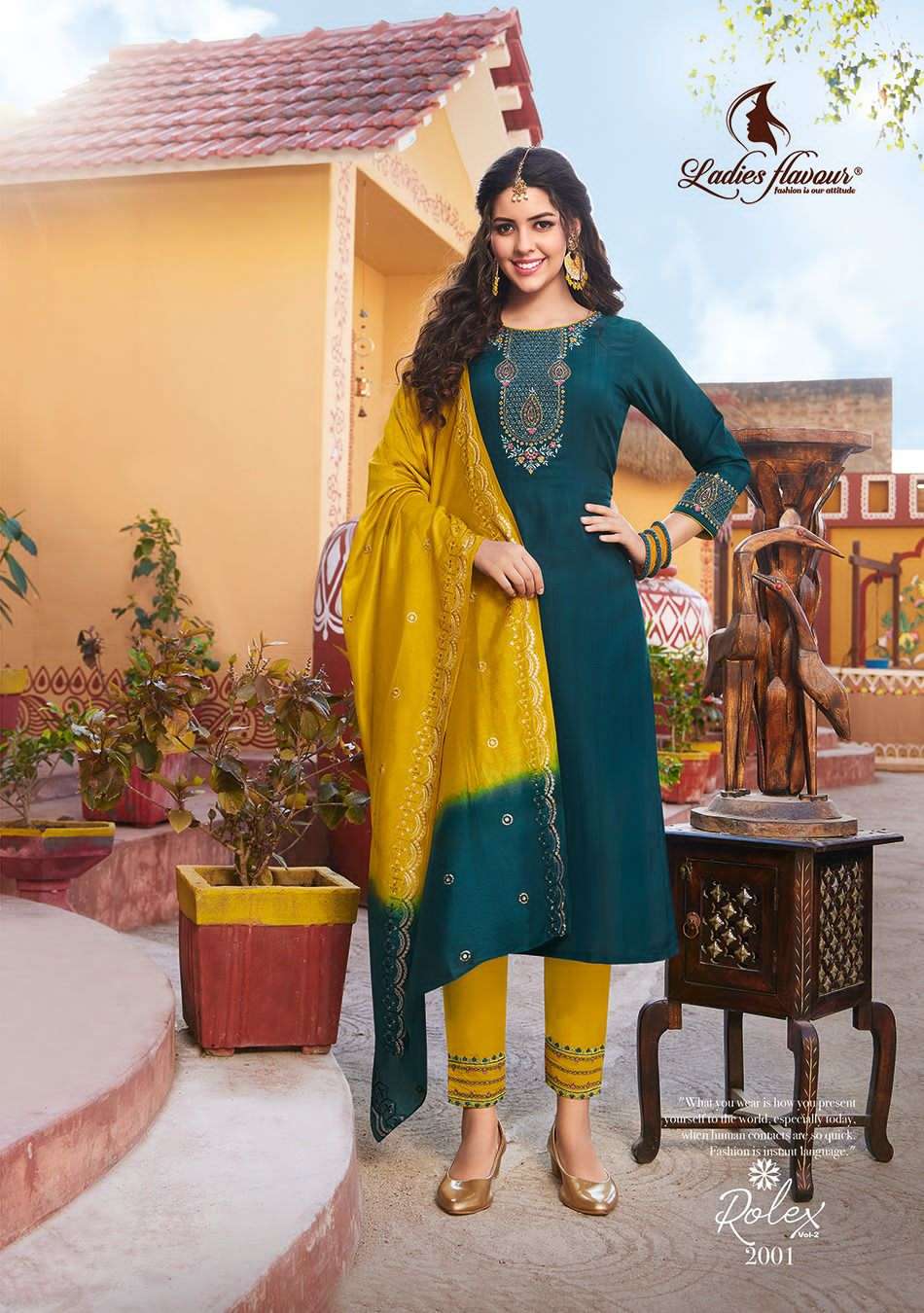LADIES FLAVOUR PRESENTS ROLEX VOL-2 FANCY CHINON WEAVING KURTI WITH BOTTOM AND DUPPATA CATALOG WHOLESALER AND EXPORTER IN SURAT 