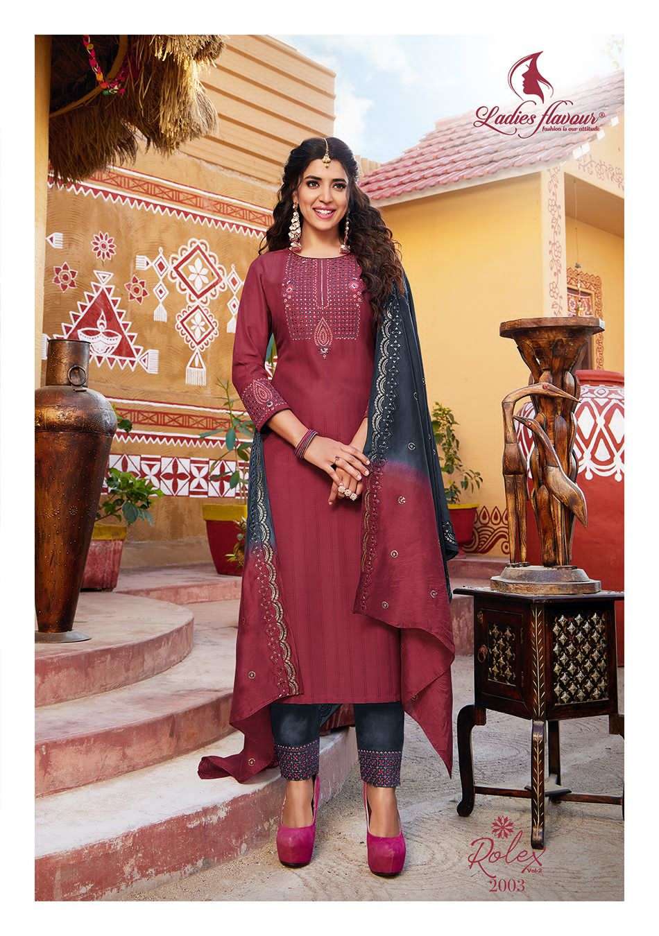 LADIES FLAVOUR PRESENTS ROLEX VOL-2 FANCY CHINON WEAVING KURTI WITH BOTTOM AND DUPPATA CATALOG WHOLESALER AND EXPORTER IN SURAT 