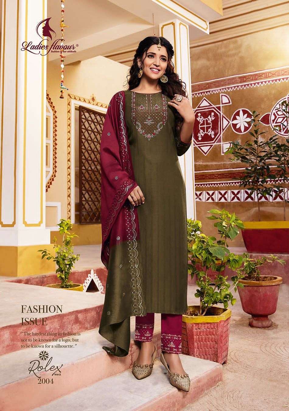 LADIES FLAVOUR PRESENTS ROLEX VOL-2 FANCY CHINON WEAVING KURTI WITH BOTTOM AND DUPPATA CATALOG WHOLESALER AND EXPORTER IN SURAT 