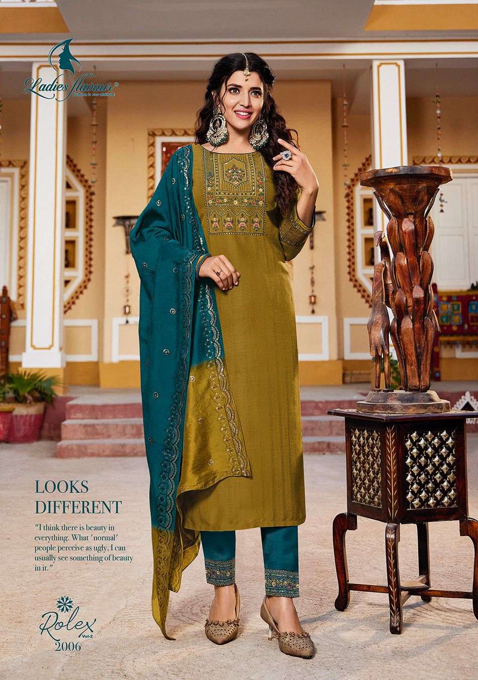 LADIES FLAVOUR PRESENTS ROLEX VOL-2 FANCY CHINON WEAVING KURTI WITH BOTTOM AND DUPPATA CATALOG WHOLESALER AND EXPORTER IN SURAT 
