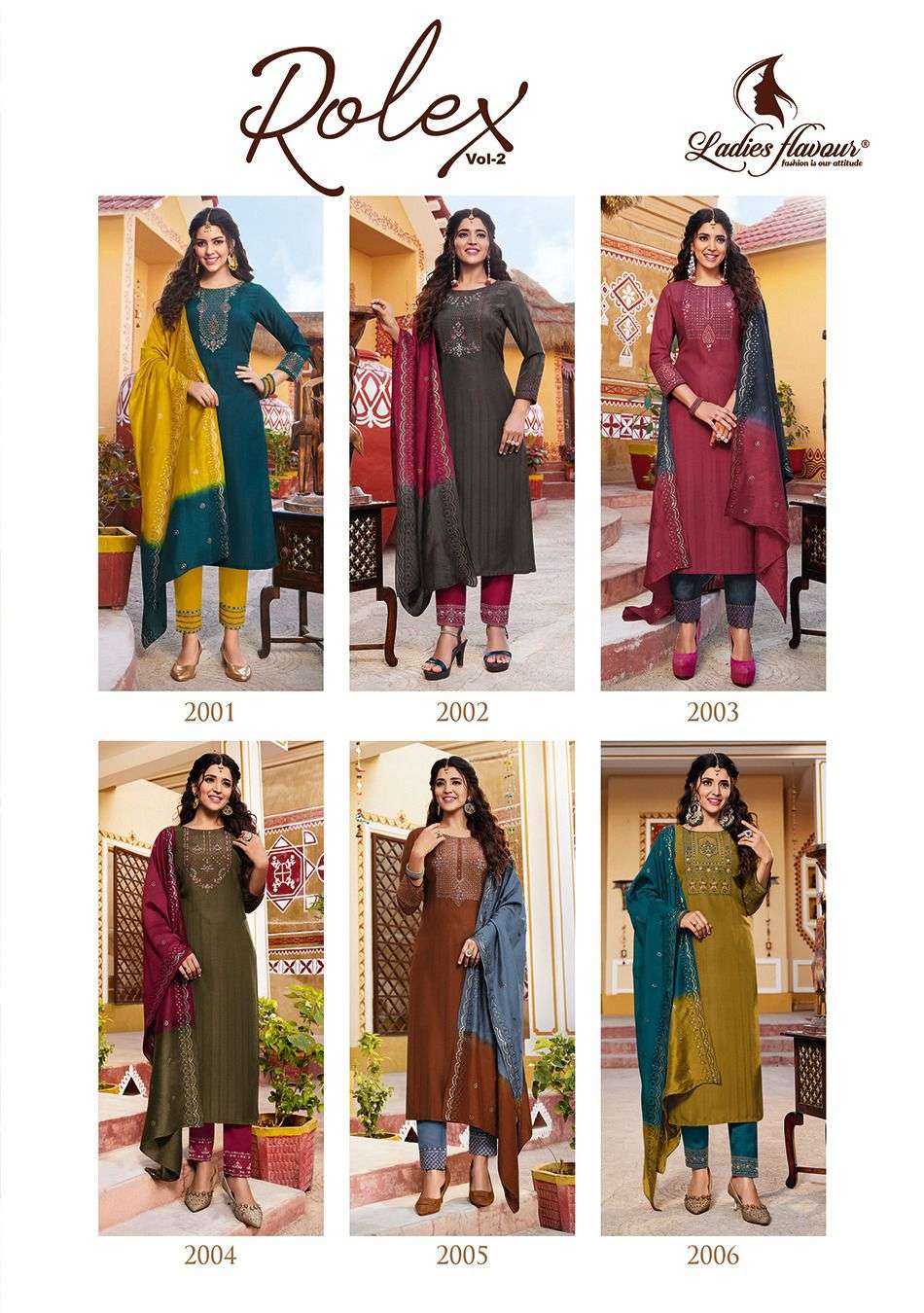 LADIES FLAVOUR PRESENTS ROLEX VOL-2 FANCY CHINON WEAVING KURTI WITH BOTTOM AND DUPPATA CATALOG WHOLESALER AND EXPORTER IN SURAT 