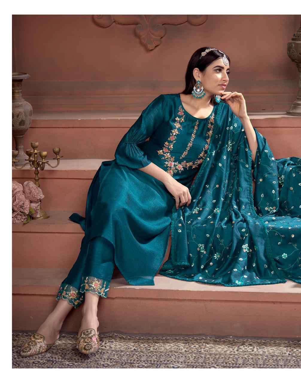 Teal Blue Satin Silk Dazzling Designer Kurtis - PRFASHION - 2933481