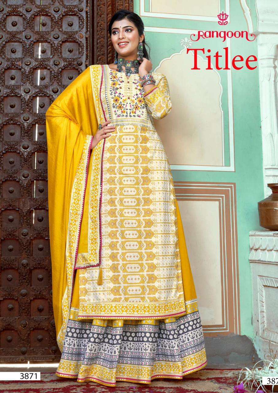 RANGOON PRESENTS TITLEE READYMADE AMAZING PRINTED LEHENGA STYLE SALWAR SUITS CATALOG WHOLESALER AND EXPORTER 