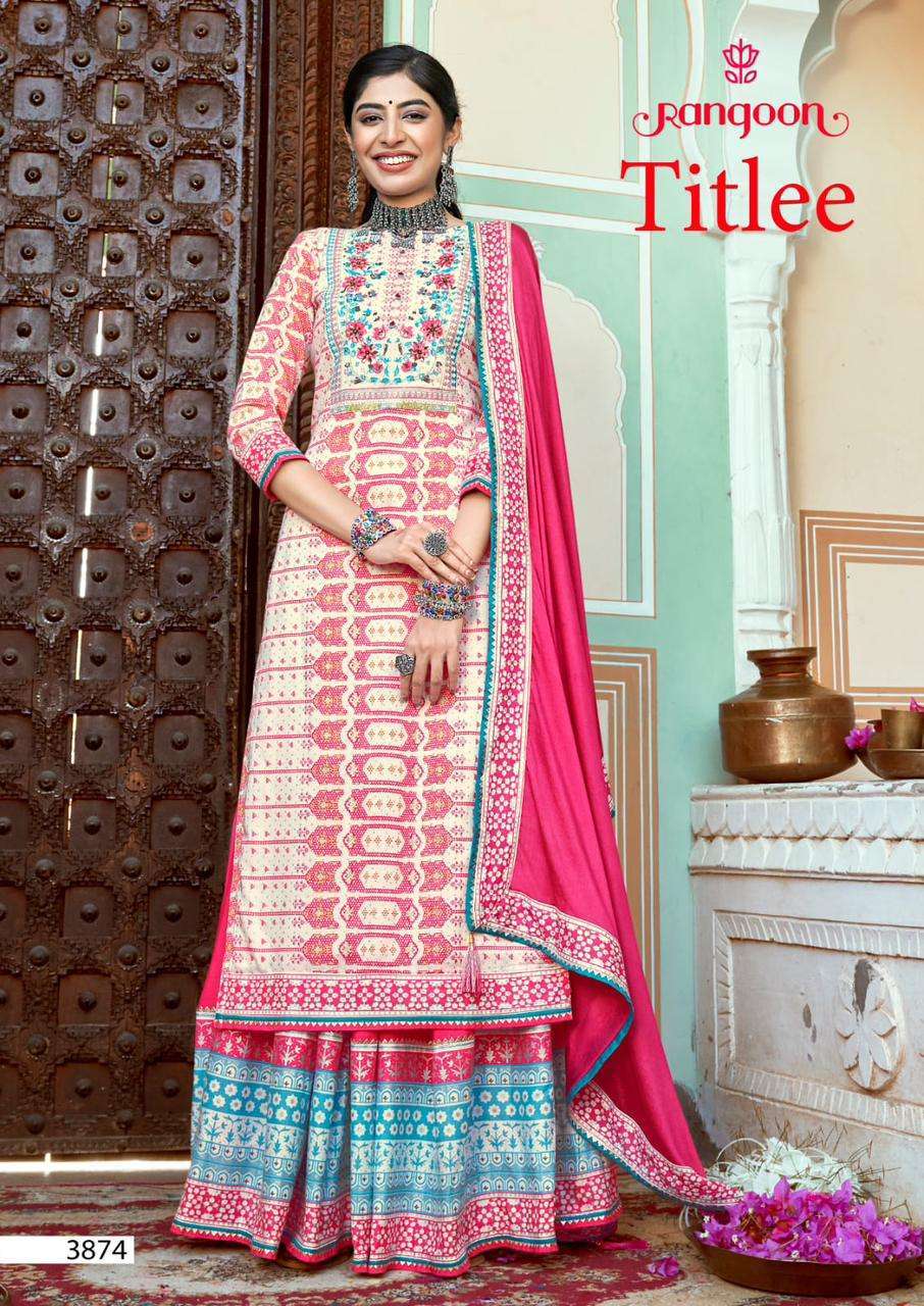 RANGOON PRESENTS TITLEE READYMADE AMAZING PRINTED LEHENGA STYLE SALWAR SUITS CATALOG WHOLESALER AND EXPORTER 