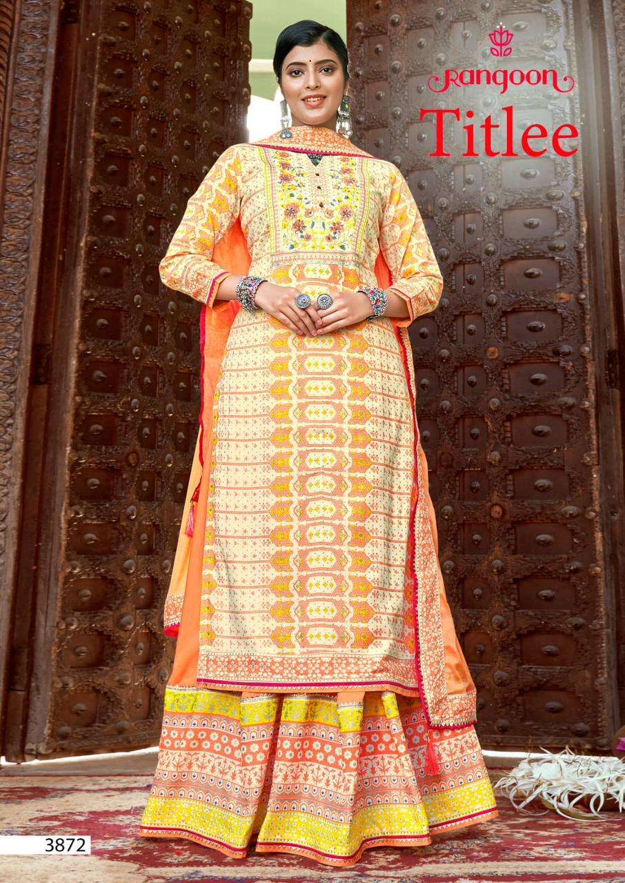 RANGOON PRESENTS TITLEE READYMADE AMAZING PRINTED LEHENGA STYLE SALWAR SUITS CATALOG WHOLESALER AND EXPORTER 