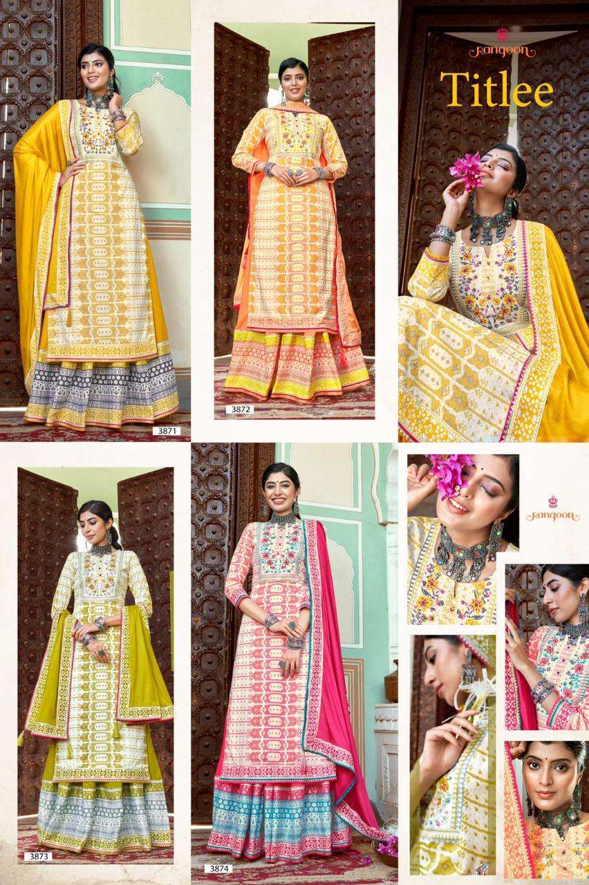 RANGOON PRESENTS TITLEE READYMADE AMAZING PRINTED LEHENGA STYLE SALWAR SUITS CATALOG WHOLESALER AND EXPORTER 