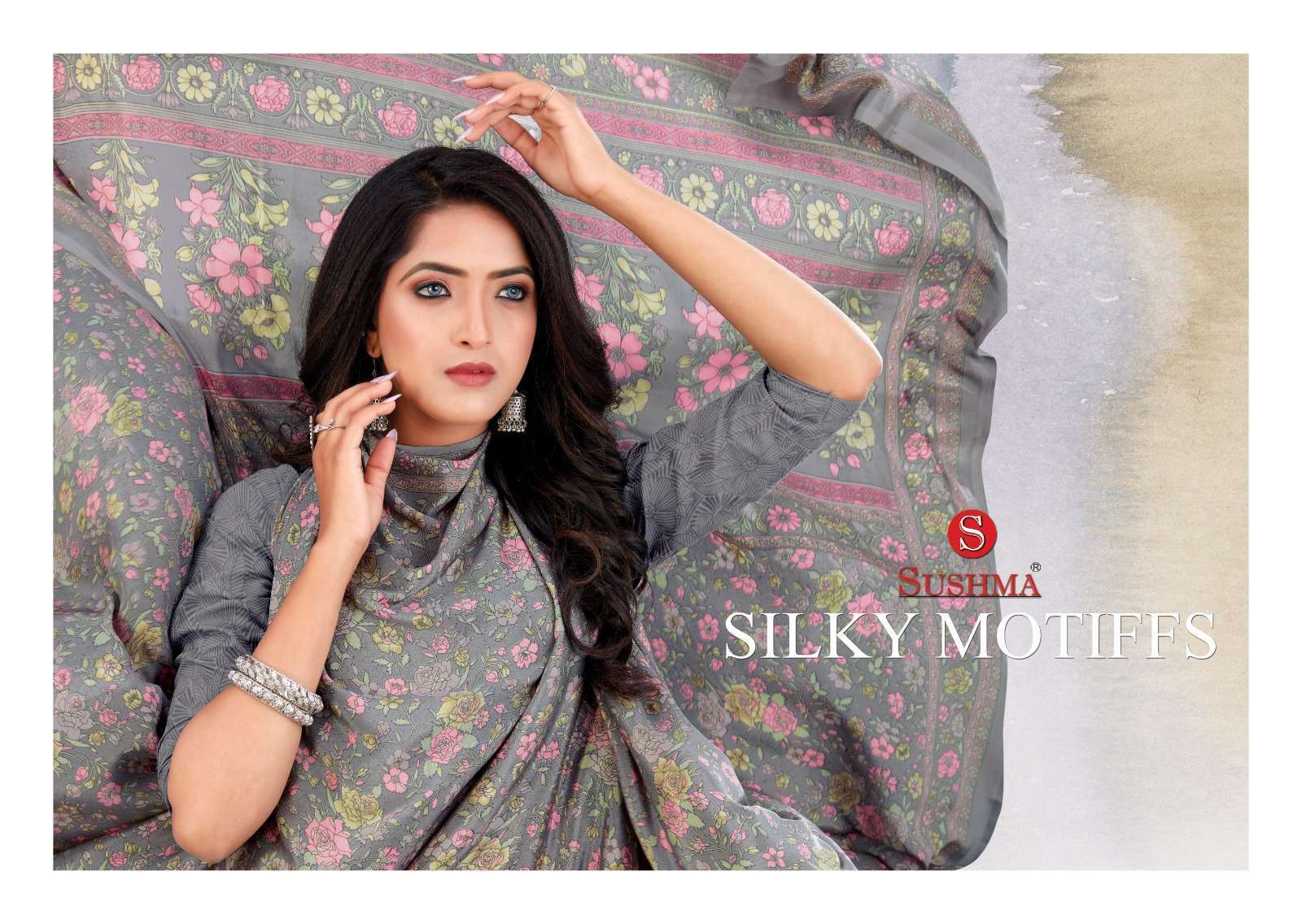 Sushma presents Silky Motiffs crape printed sarees catalog wholesaler and exporters 