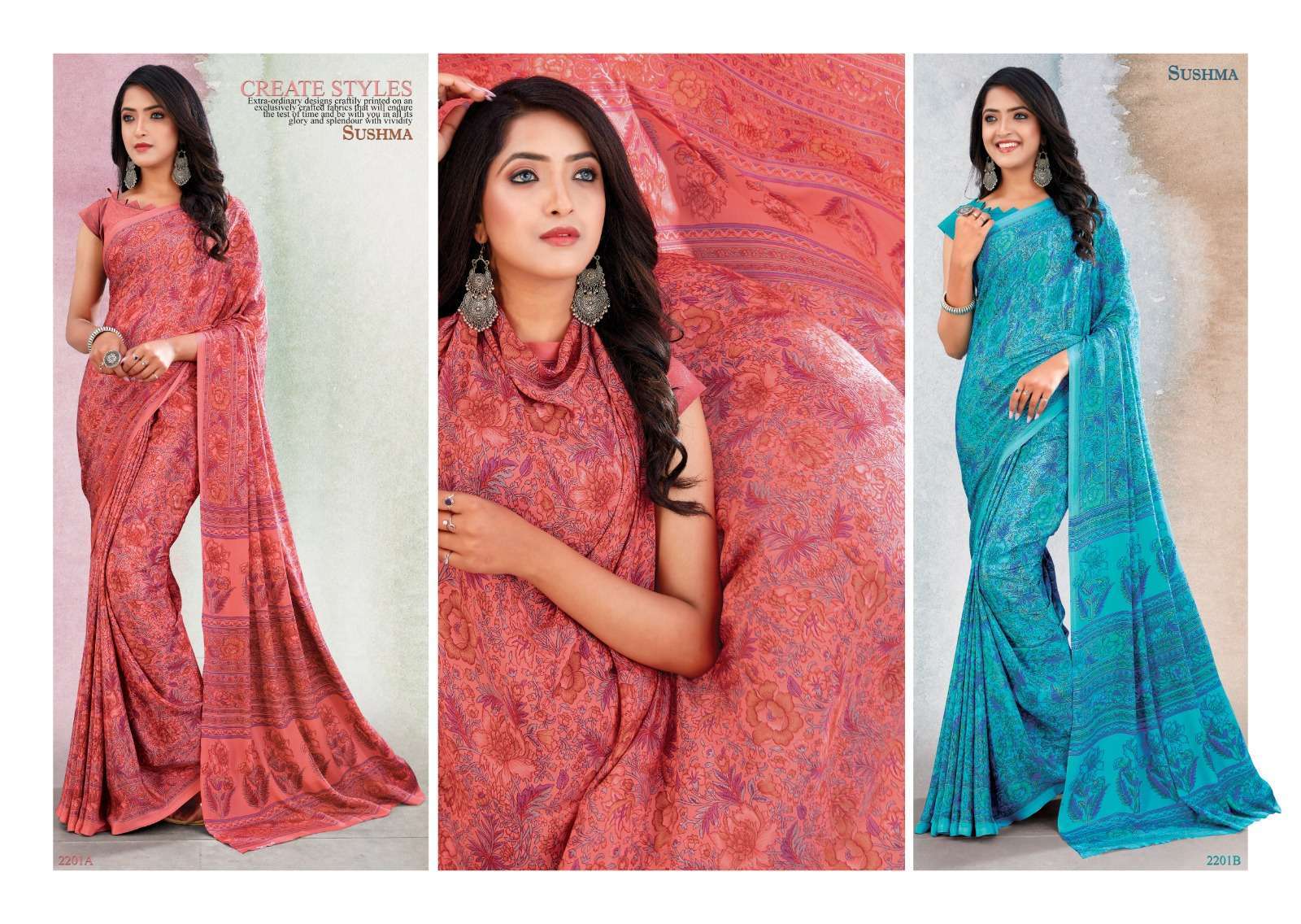 Sushma presents Silky Motiffs crape printed sarees catalog wholesaler and exporters 