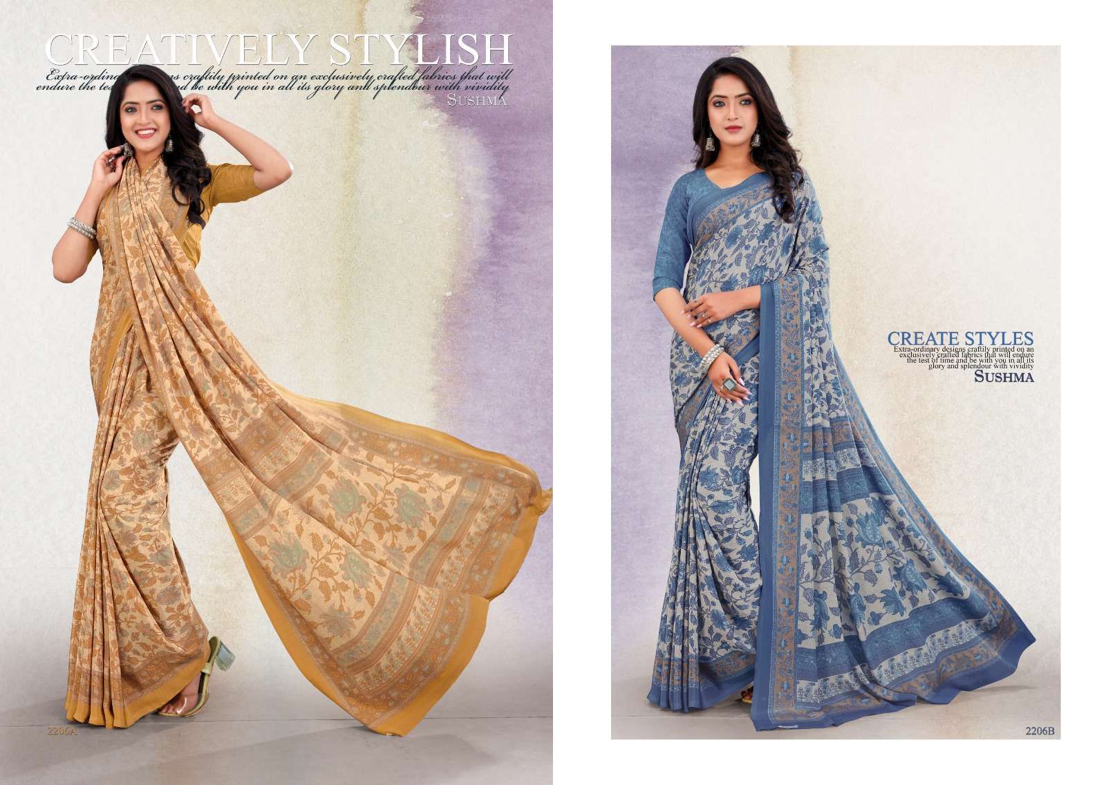 Sushma presents Silky Motiffs crape printed sarees catalog wholesaler and exporters 