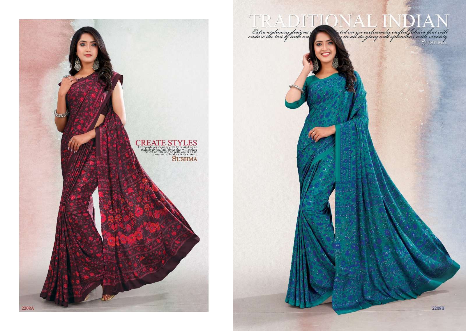 Sushma presents Silky Motiffs crape printed sarees catalog wholesaler and exporters 