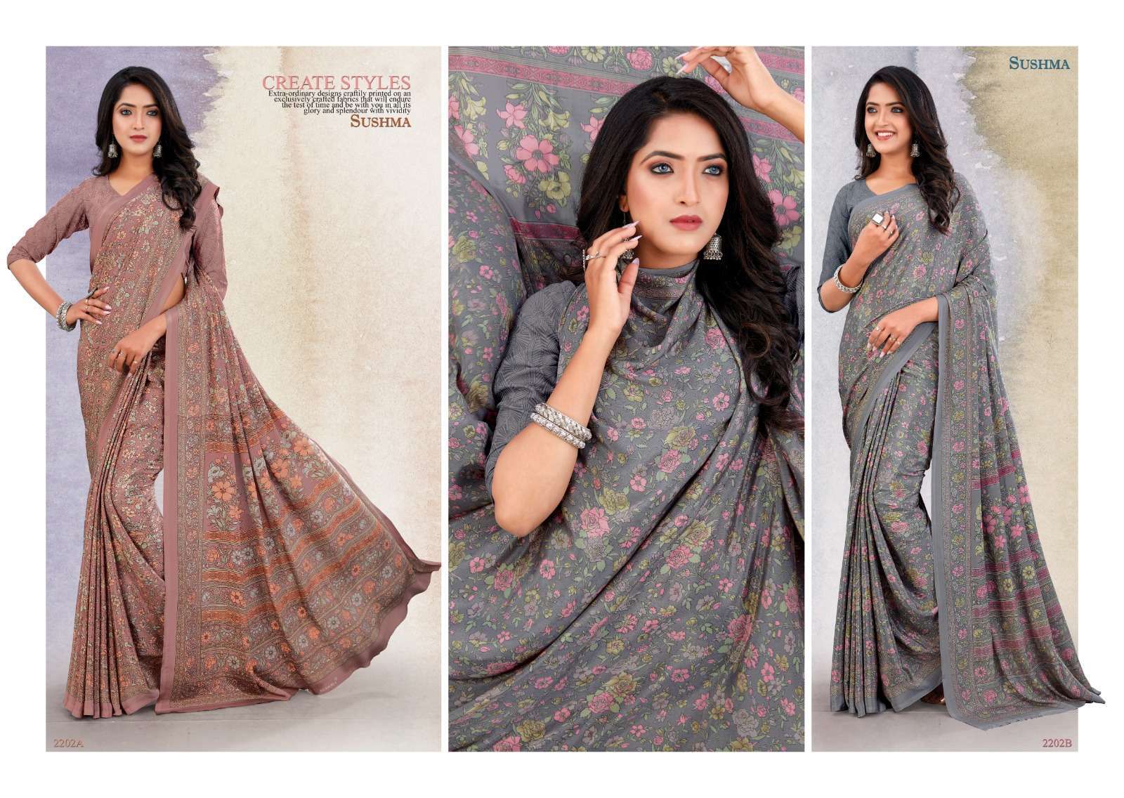 Sushma presents Silky Motiffs crape printed sarees catalog wholesaler and exporters 