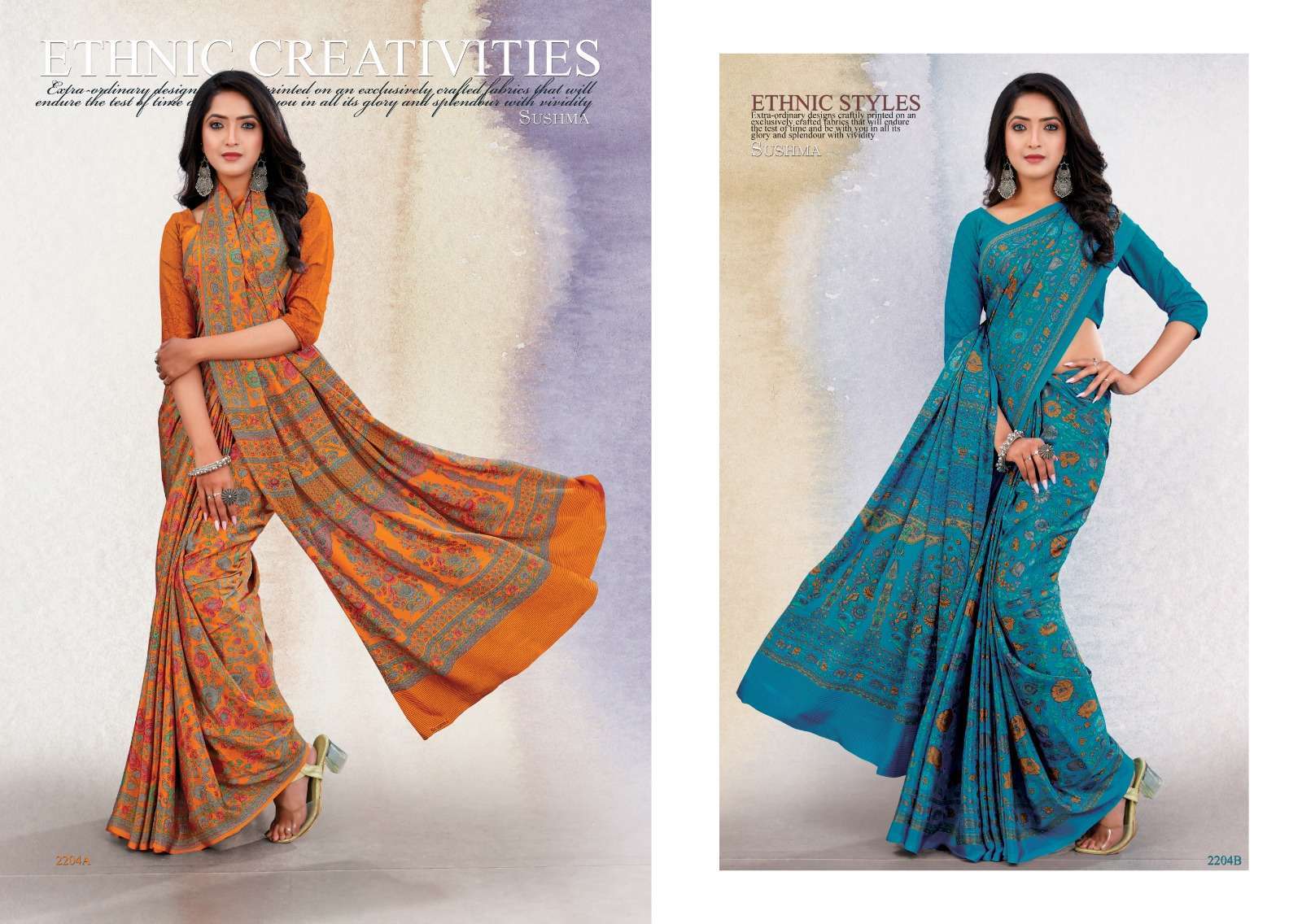 Sushma presents Silky Motiffs crape printed sarees catalog wholesaler and exporters 