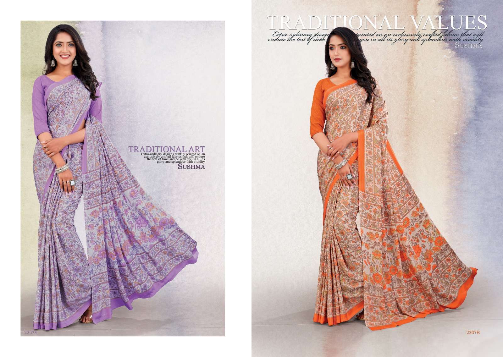 Sushma presents Silky Motiffs crape printed sarees catalog wholesaler and exporters 