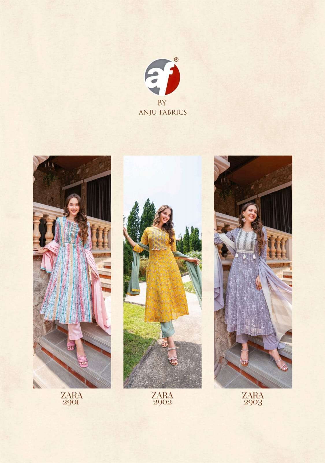 ANJU FAB PRESENTS ZARA VOL-3 FANTASTIC PRINT KURTI WITH PANT AND DUPATTA CATALOG WHOLESALER AND EXPORTER IN SURAT 