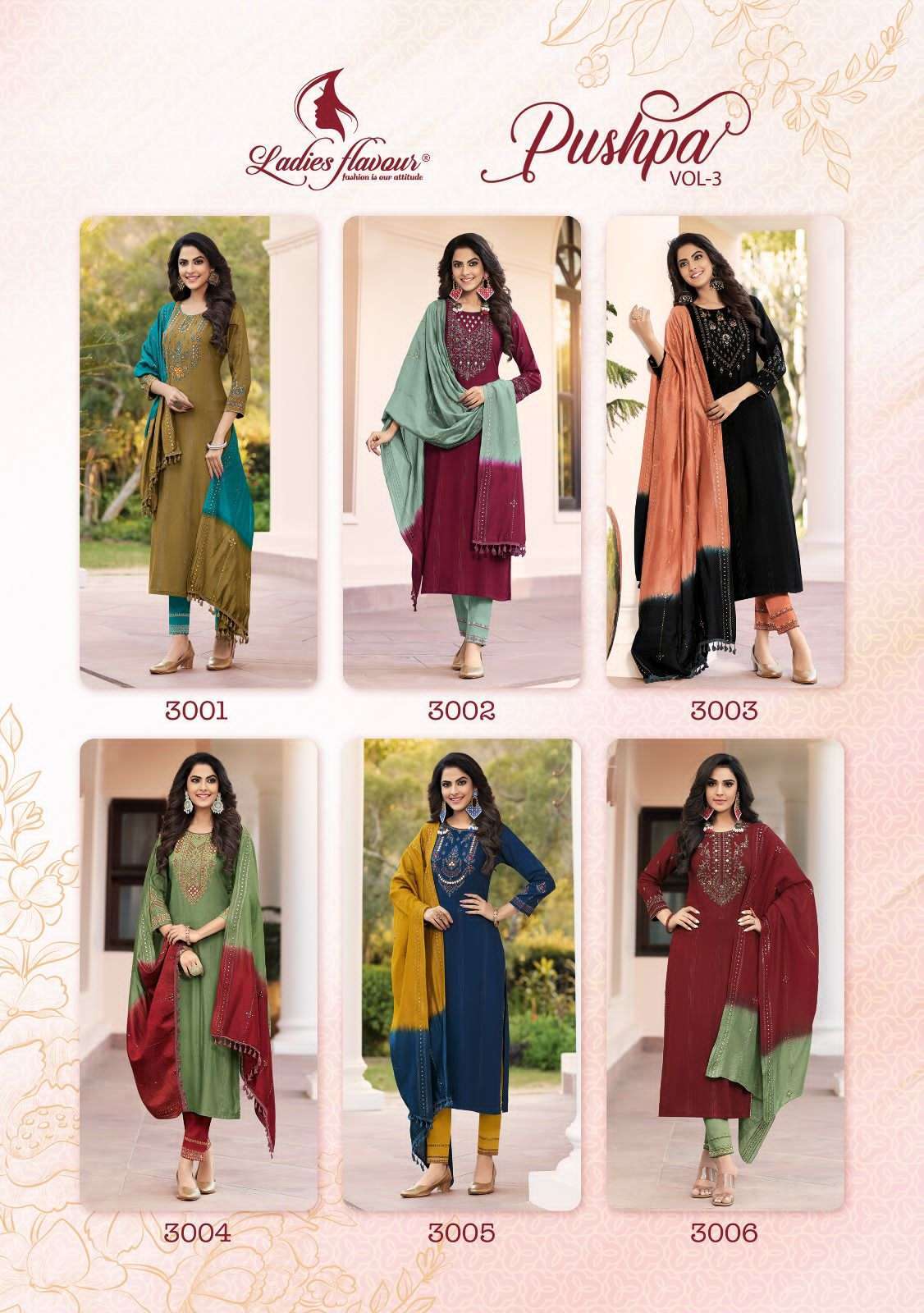 LADIES FLAVOUR PRESENTS PUSHPA VOL 3 AMAZING FUNCTION WEAR READYMADE DESIGNER SALWAR SUITS CATALOG WHOLESALER AND EXPORTER IN SURAT 