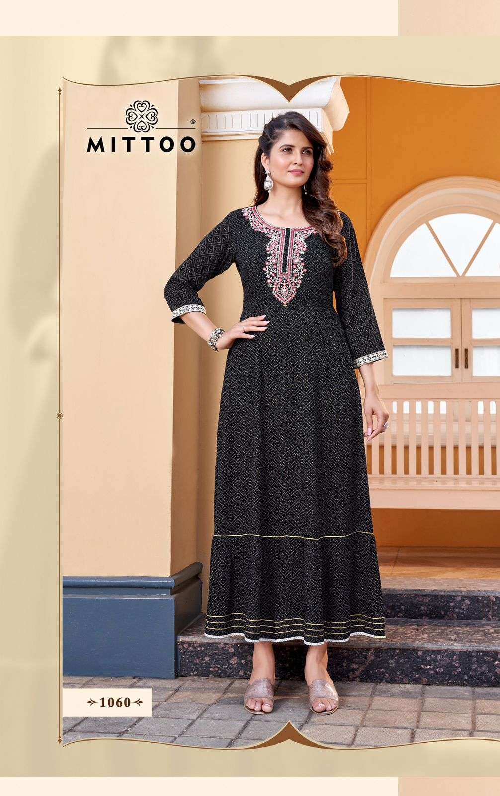 MITTOO - LERIYA VOL 5 - HEAVY RAYON WITH CLASSY PRINT AND HANDWORK AND  EMBROIDERY WORK LONG GOWN KURTI BY MITTOO BRAND WHOLESALER AND DEALER