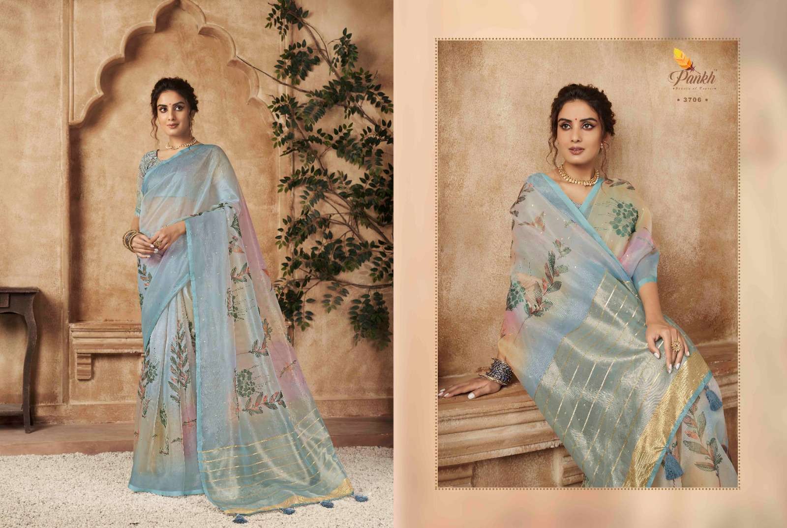 Pankh presents Chhapa vol-3 organza fancy digital printed sarees catalog wholesaler and exporters 
