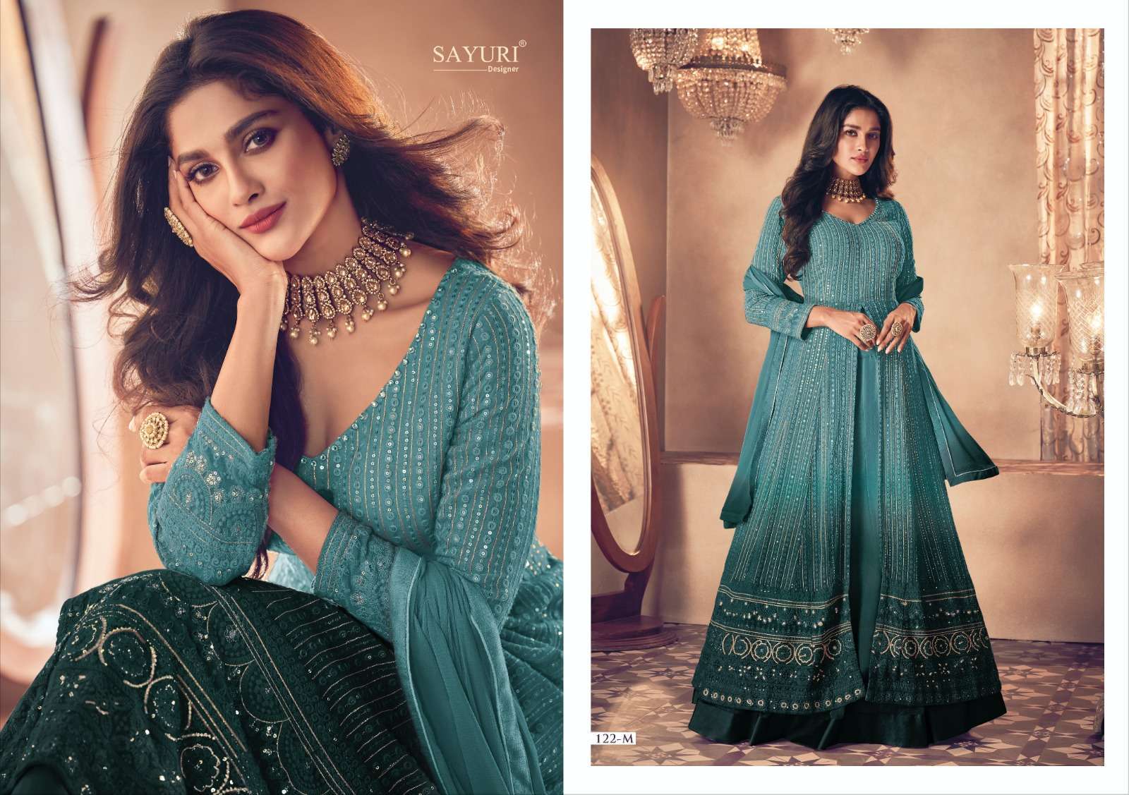 SAYURI DESIGNER PRESENTS NOOR GOLD SHADED DESIGNER PARTY WEAR READYMADE SKIRT STYLE SALWAR SUITS CATALOG WHOLESALER AND EXPORTER IN SURAT 