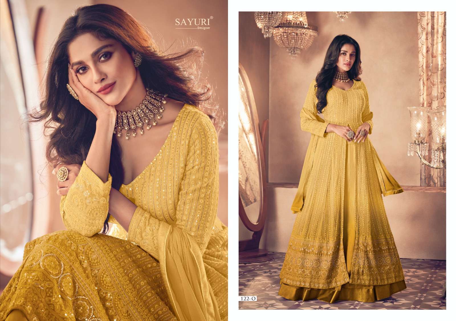 SAYURI DESIGNER PRESENTS NOOR GOLD SHADED DESIGNER PARTY WEAR READYMADE SKIRT STYLE SALWAR SUITS CATALOG WHOLESALER AND EXPORTER IN SURAT 