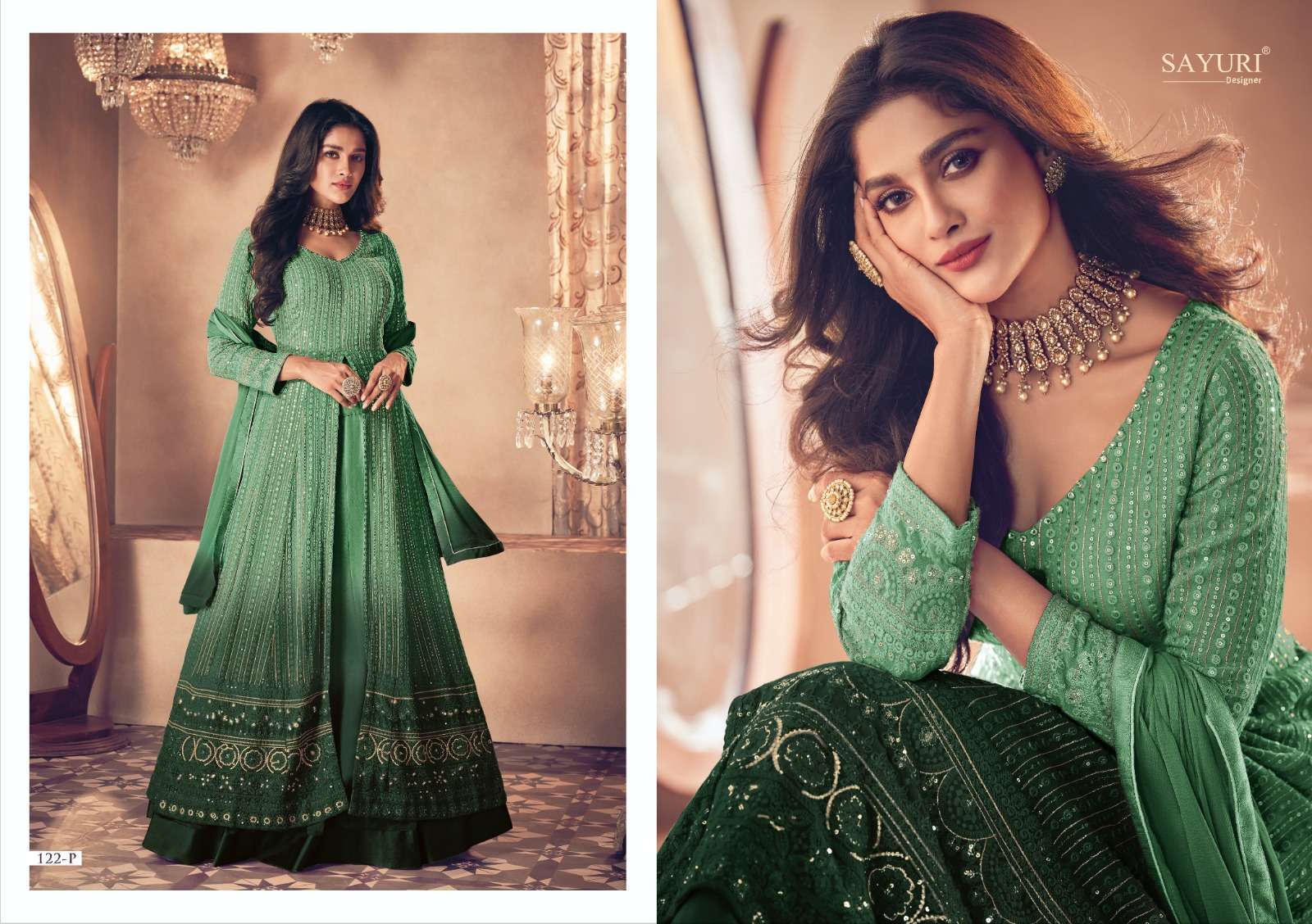 SAYURI DESIGNER PRESENTS NOOR GOLD SHADED DESIGNER PARTY WEAR READYMADE SKIRT STYLE SALWAR SUITS CATALOG WHOLESALER AND EXPORTER IN SURAT 
