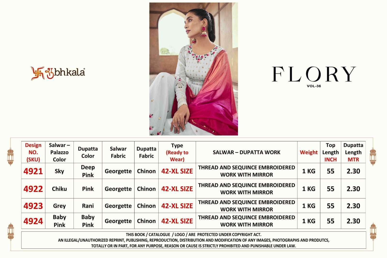 SHUBHKALA PRESENTS FLORY VOL-36 DESIGNER EXCLUSIVE EMBROIDERED SALWAR SUIT PALAZZO CATALOG WHOLESALER AND EXPORTER IN SURAT 