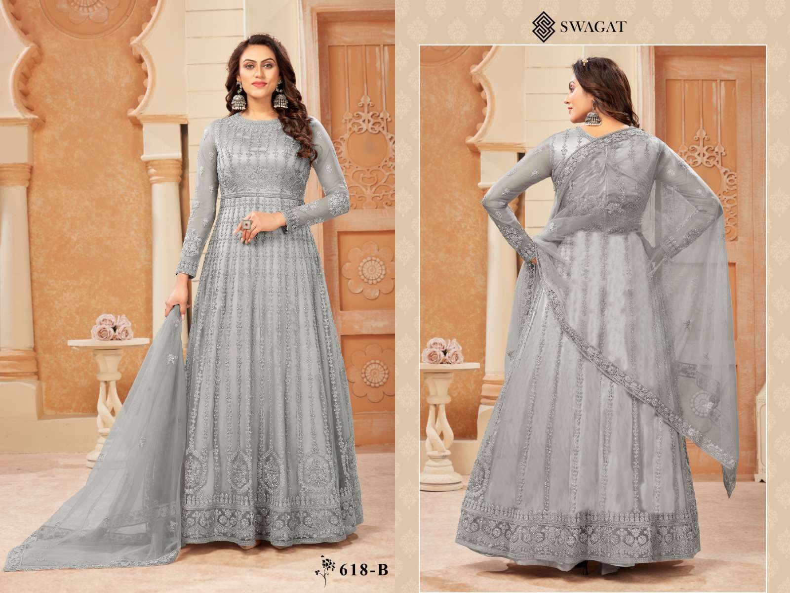 Buy Women Grey Multicolour Mirror And Thread Paisley Embroidered Anarkali  Gown With Dupatta - Feed Luxe Gown - Indya