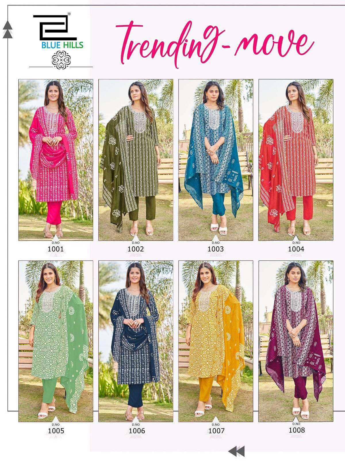 BLUE HILLS PRESENTS TRENDING MOVE DESIGNER BATIK PRINT KURTI WITH PANT AND DUPATTA CATALOG WHOLESALER AND EXPORTER IN SURAT 