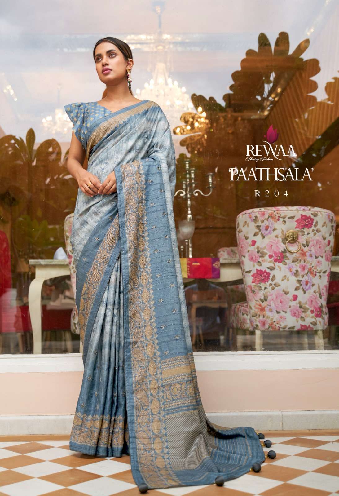 Sea Blue Soft Khadi Silk Printed Casual Festival Contemporary Saree