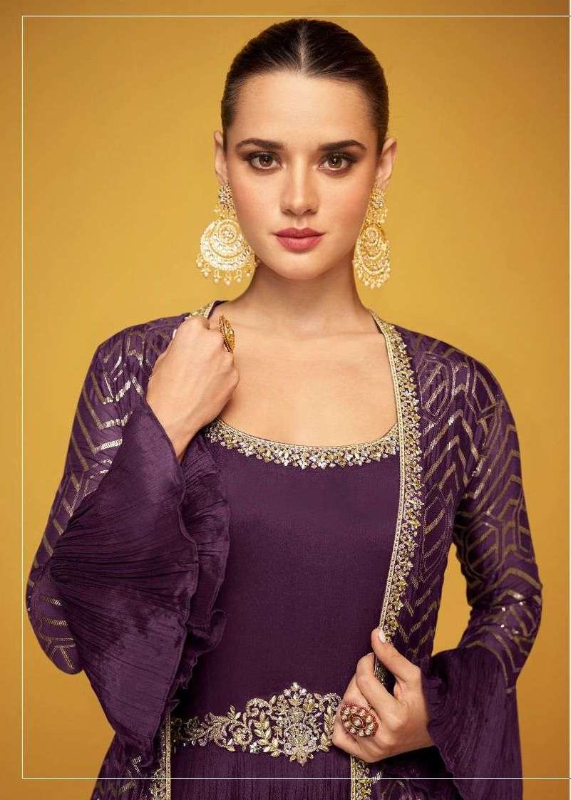 SAYURI DESIGNER PRESENTS PETALS CLASSIC NEW COLOURS READYMADE TRADITIONAL LONG GOWN WITH FANCY LONG SHRUG CATALOG WHOLESALER AND EXPORTER I SURAT