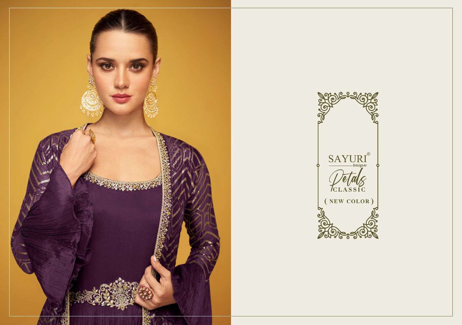 SAYURI DESIGNER PRESENTS PETALS CLASSIC NEW COLOURS READYMADE TRADITIONAL LONG GOWN WITH FANCY LONG SHRUG CATALOG WHOLESALER AND EXPORTER I SURAT